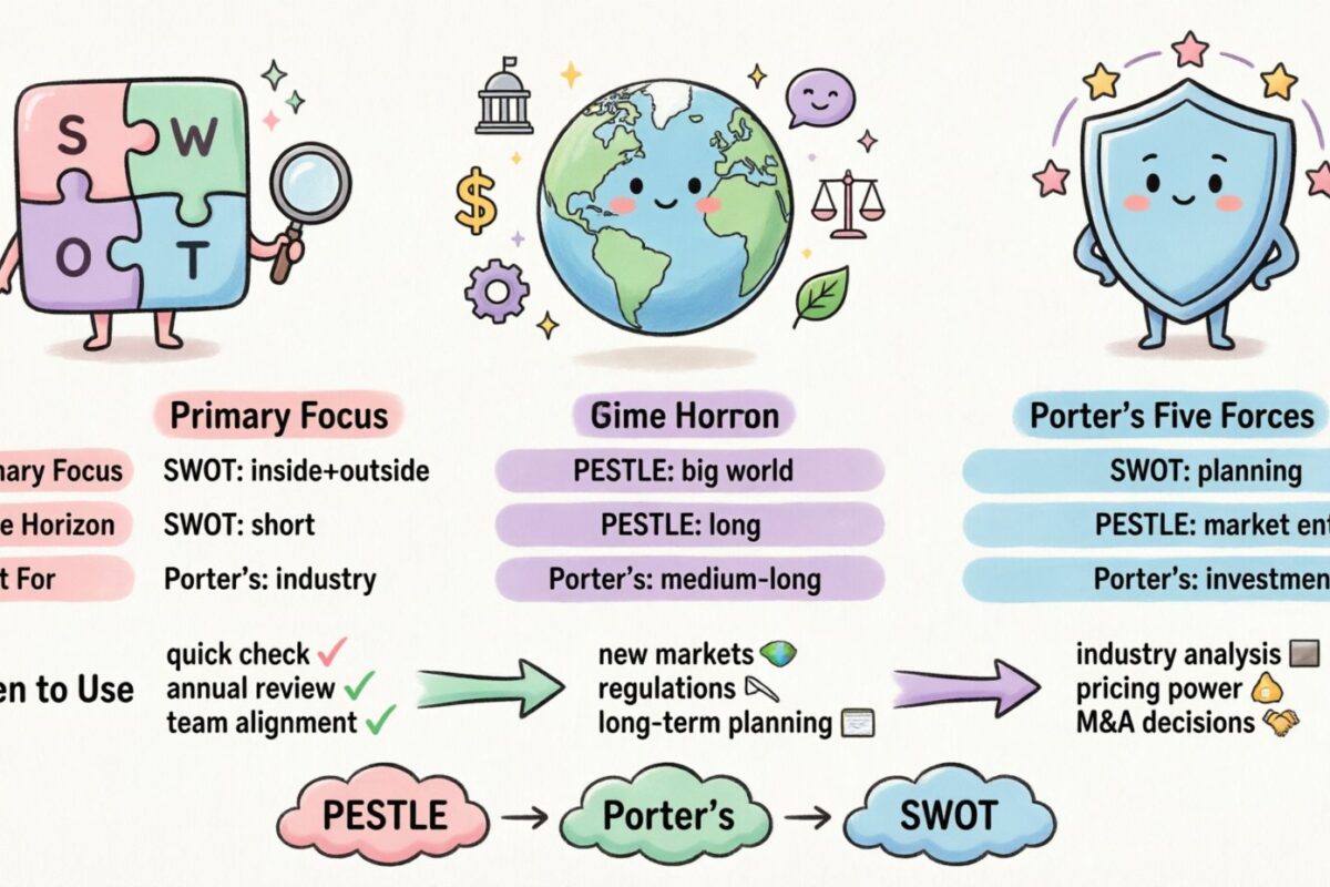 比较SWOT、PESTLE与波特五力模型：哪种战略工具在何时胜出？