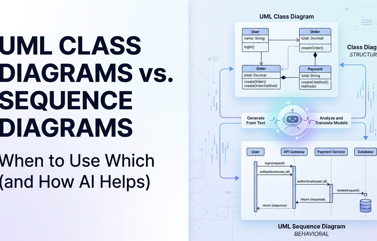 UML-Klassendiagramme im Vergleich zu Sequenzdiagrammen: Wann welche verwendet werden sollten (und wie KI hilft) UML-Klassendiagramme im Vergleich zu Sequenzdiagrammen: Wann welche verwendet werden sollten (und wie KI hilft)