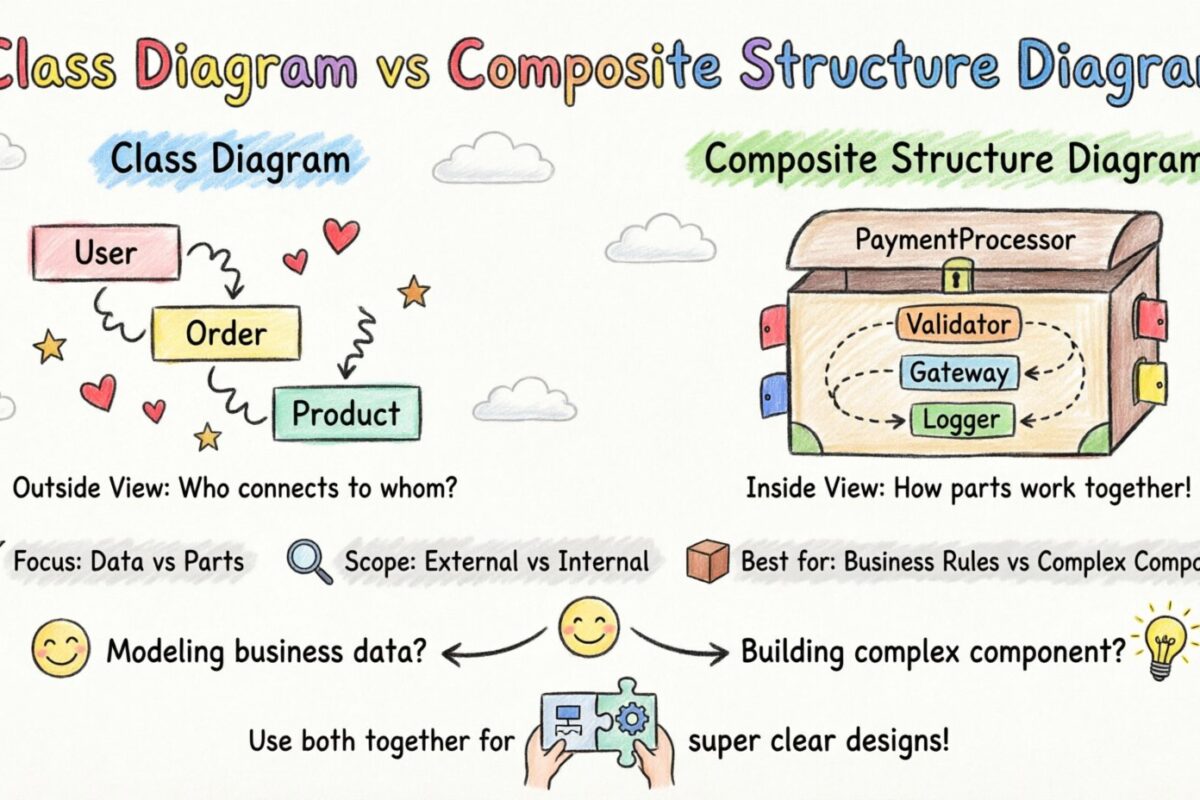 Diagrama de estructura compuesta frente al diagrama de clases: cuándo usar cada uno para el análisis del sistema