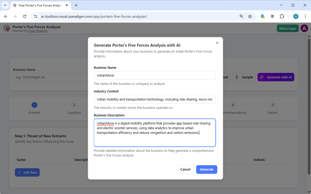 Stratégie gagnante du marché : utilisez l’analyseur AI de Porter des cinq forces de Visual Paradigm