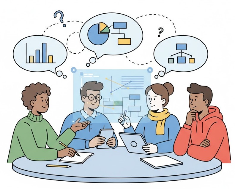 team members are discussing about which diagram should be used in their coming projects.