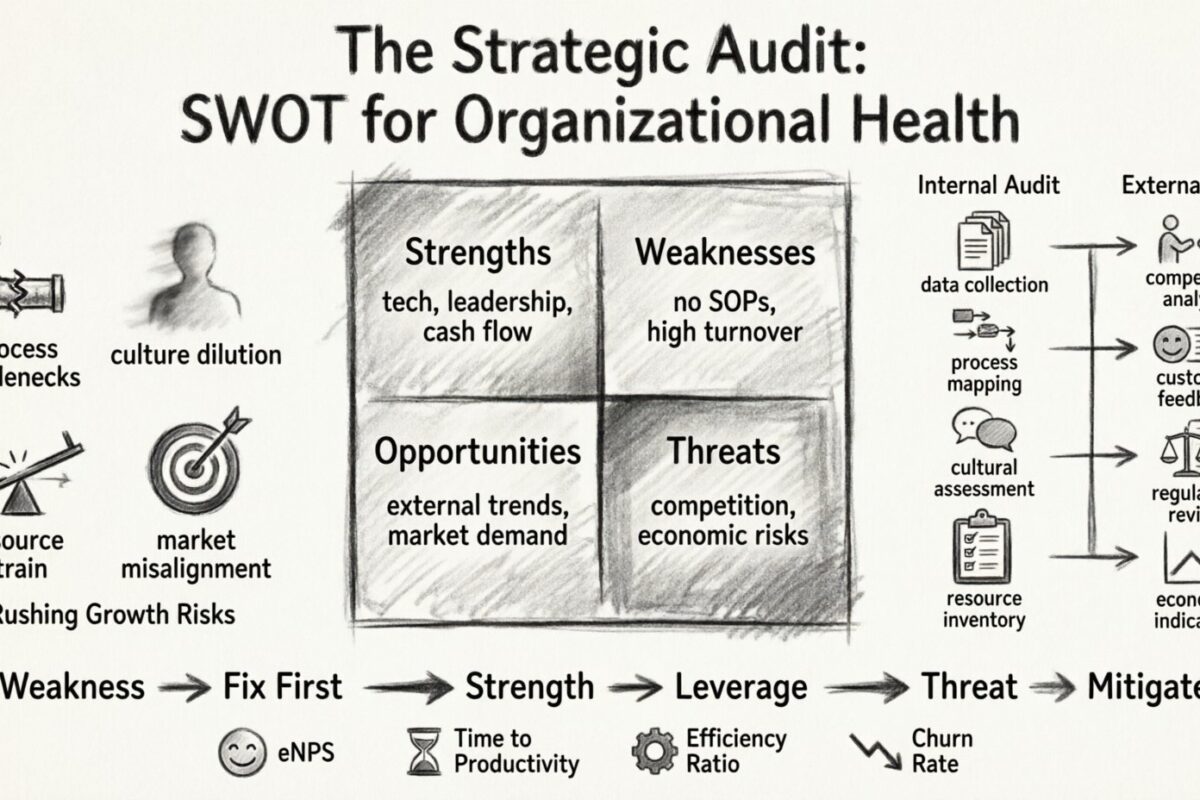 Strategiczna audycja: wykorzystanie SWOT do diagnozowania zdrowia organizacyjnego przed zatrudnianiem lub skalowaniem