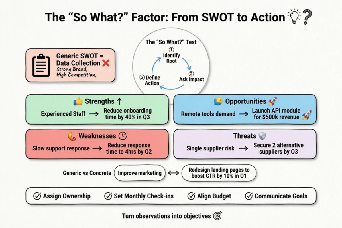 Yếu tố ‘Vậy thì sao?’: Chuyển đổi các điểm SWOT chung thành các mục tiêu kinh doanh cụ thể Yếu tố ‘Vậy thì sao?’: Chuyển đổi các điểm SWOT chung thành các mục tiêu kinh doanh cụ thể
