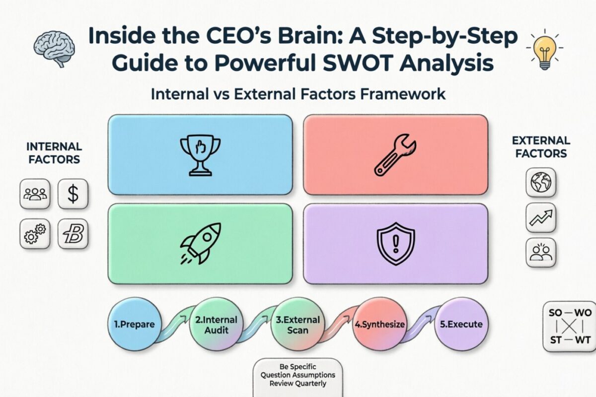 Bên trong bộ não của CEO: Hướng dẫn từng bước thực hiện phân tích SWOT mạnh mẽ Bên trong bộ não của CEO: Hướng dẫn từng bước thực hiện phân tích SWOT mạnh mẽ