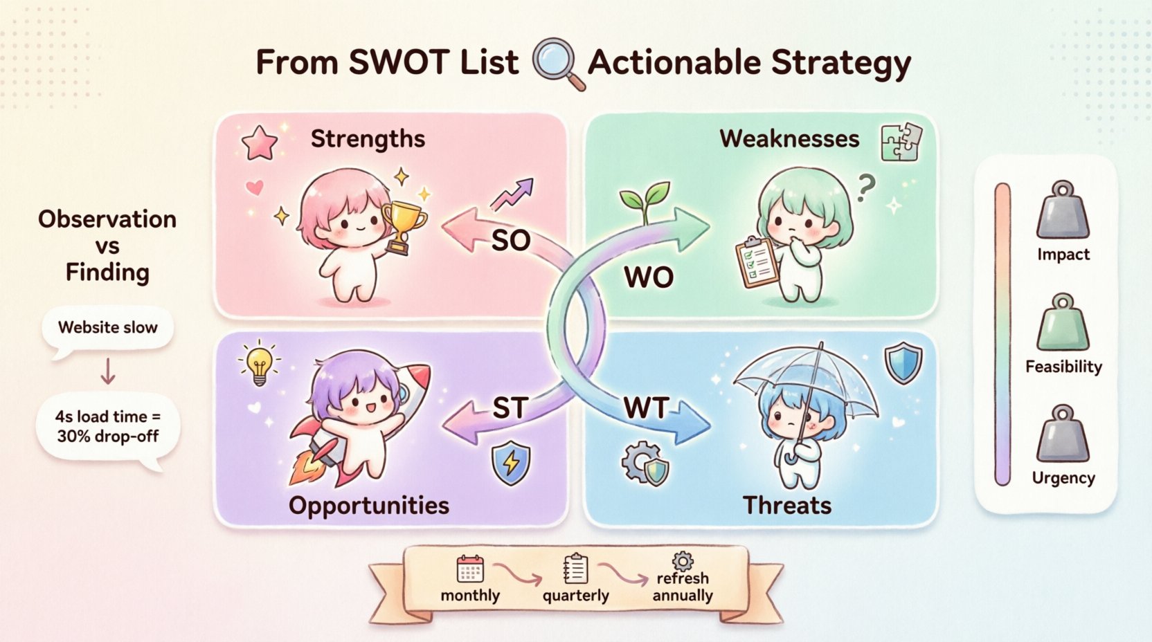 Kawaii cute vector infographic illustrating how to transform SWOT analysis from a static list into actionable business strategy, featuring four pastel-colored quadrants for Strengths, Weaknesses, Opportunities, and Threats with chibi characters, TOWS Matrix connection arrows showing SO/WO/ST/WT strategies, observation-to-finding comparison examples, prioritization framework with Impact-Feasibility-Urgency weights, and quarterly review cycle icons, all in simplified rounded shapes with soft pastel colors for intuitive strategic planning guidance