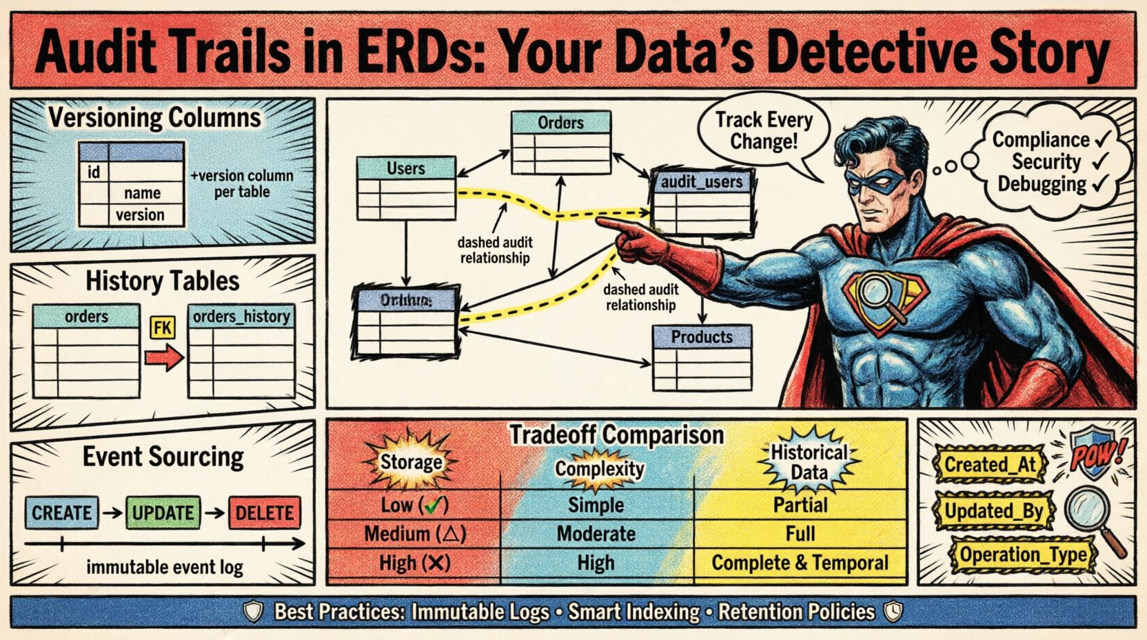 Comic book style infographic illustrating how to incorporate audit trails into Entity Relationship Diagrams, featuring audit schema components, three implementation strategies (versioning columns, history tables, event sourcing), comparison table, and best practices for data compliance, security, and debugging
