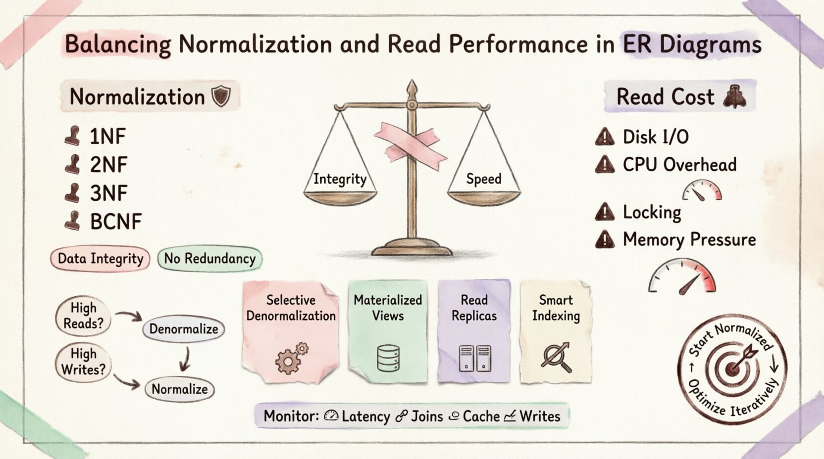 Infographic in stamp and washi tape style illustrating the balance between database normalization and read performance in ER diagrams, showing normalization forms (1NF-BCNF), read cost factors (joins, I/O, CPU), optimization strategies (denormalization, materialized views, read replicas, indexing), and a decision framework for when to normalize versus denormalize based on workload patterns