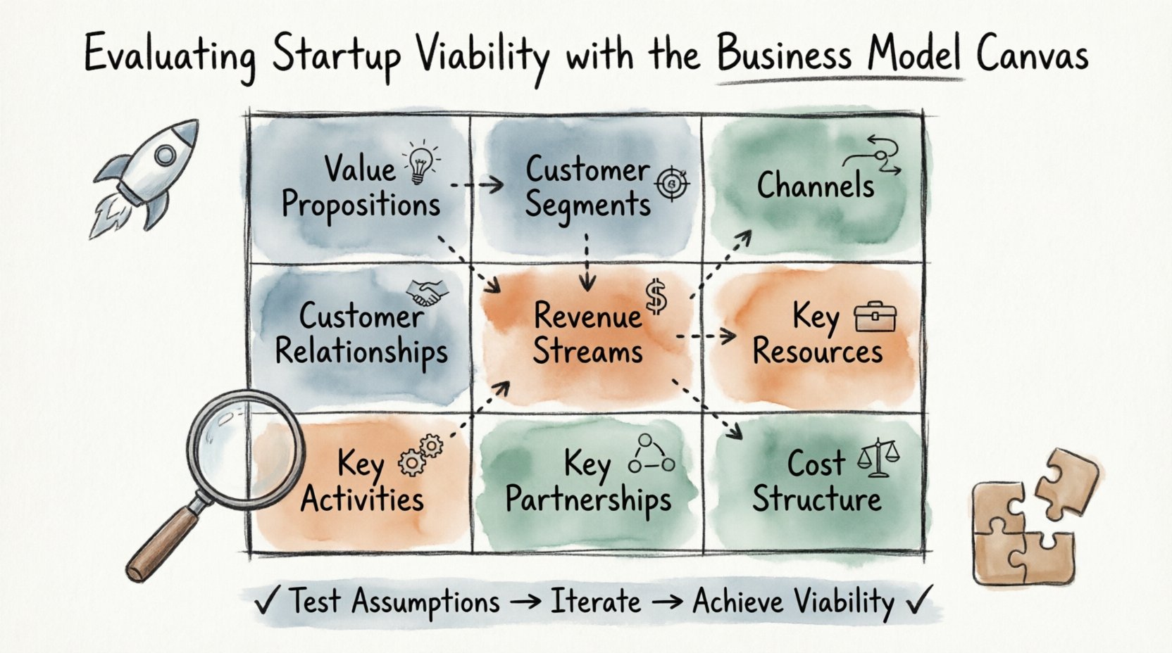 Hand-drawn infographic illustrating the 9 building blocks of the Business Model Canvas for evaluating startup viability: Value Propositions, Customer Segments, Channels, Customer Relationships, Revenue Streams, Key Resources, Key Activities, Key Partnerships, and Cost Structure, with visual connections showing strategic alignment, unit economics, and iteration process for entrepreneurs and founders