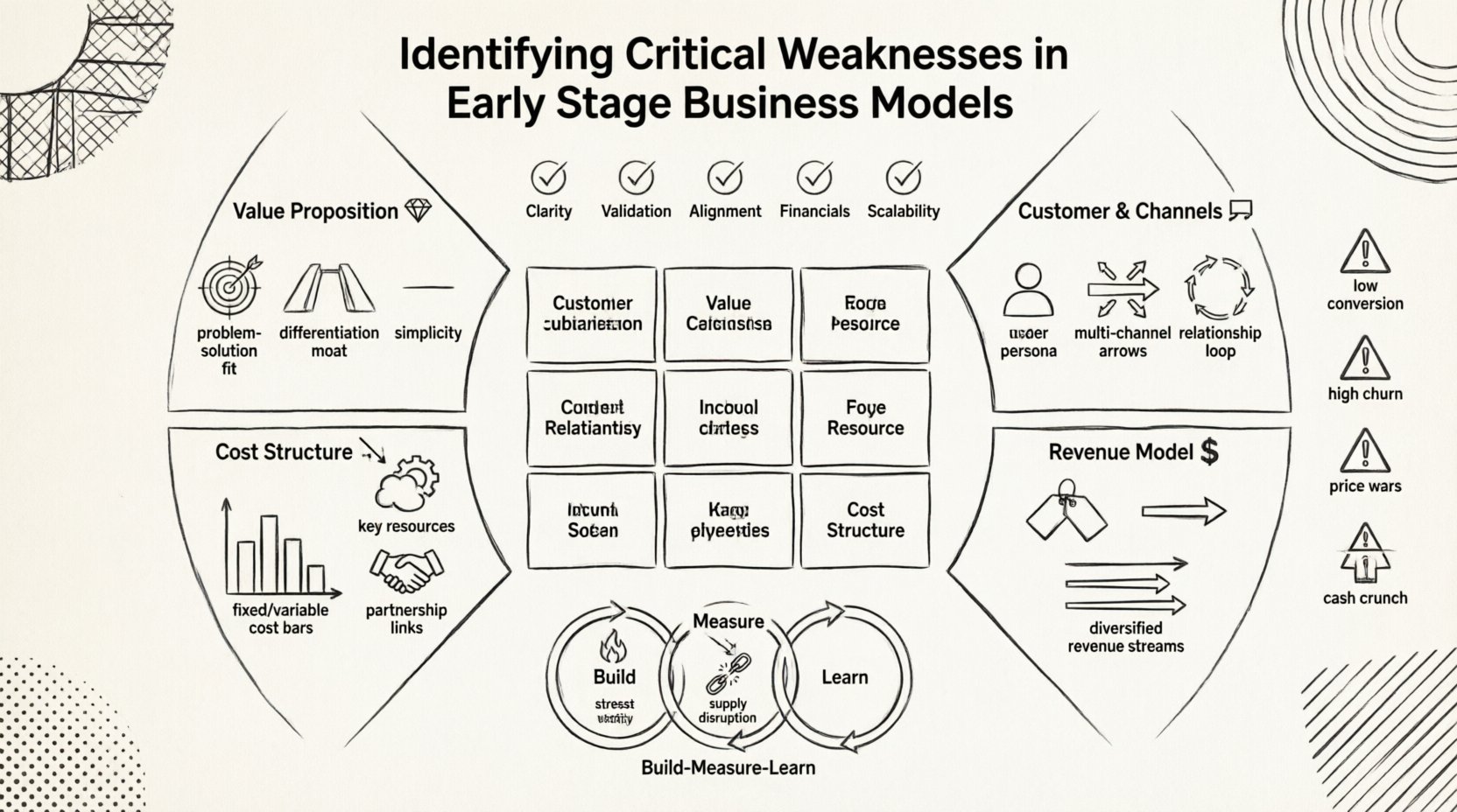 Line art infographic illustrating a diagnostic framework for identifying critical weaknesses in early-stage startup business models, featuring the Business Model Canvas with four vulnerability quadrants: value proposition pitfalls, customer-channel mismatches, revenue model flaws, and cost structure risks, plus diagnostic questions checklist, warning indicators, and build-measure-learn iteration cycle for business resilience validation