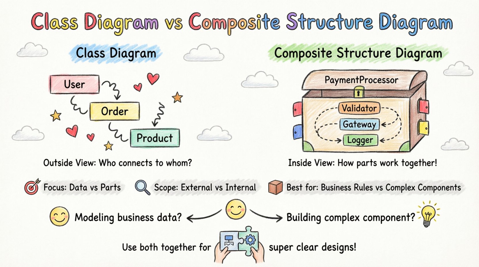 Child-style drawing infographic comparing UML Class Diagrams and Composite Structure Diagrams for system analysis, featuring playful illustrations of external class relationships versus internal component structures, with simple decision guide and bright crayon colors on 16:9 layout