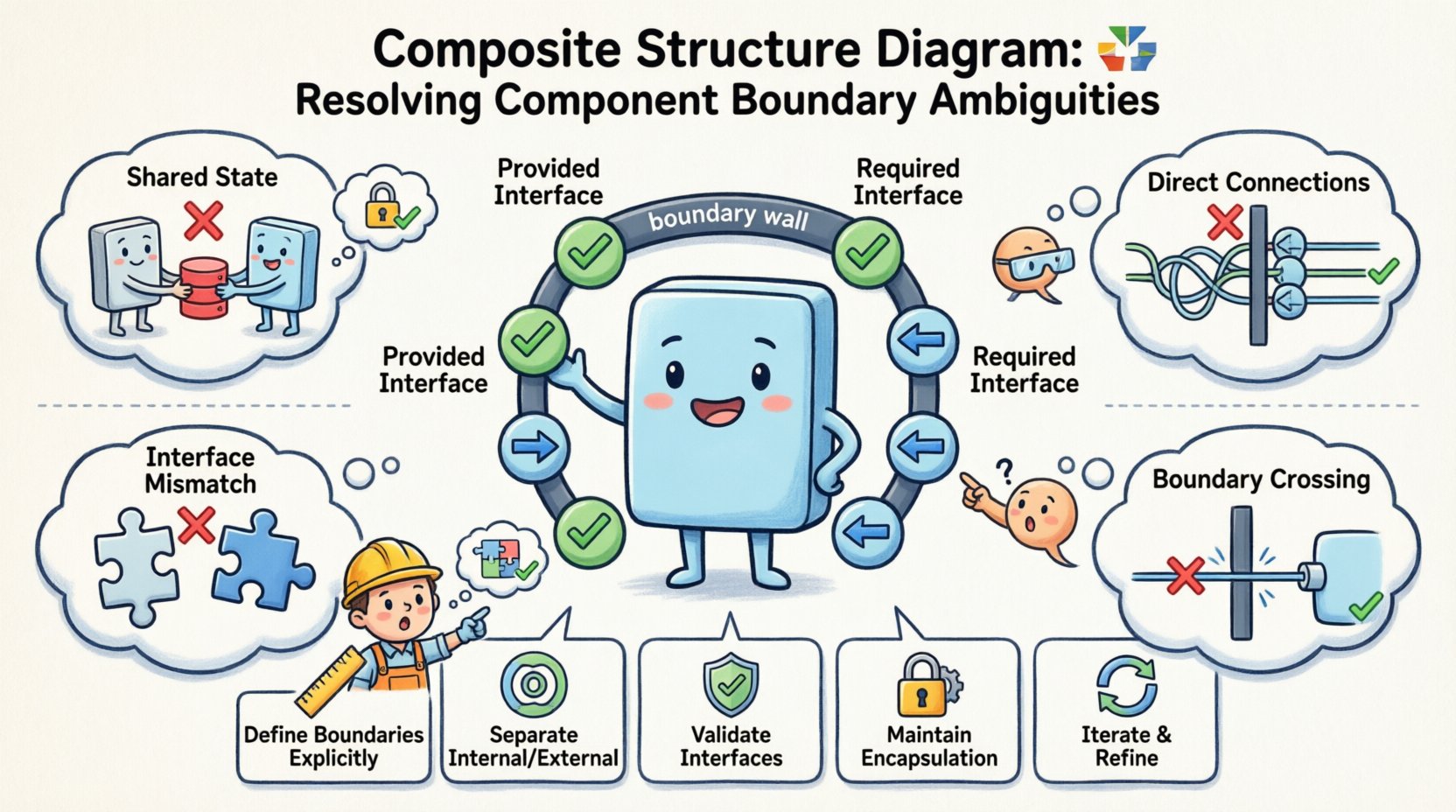 Cartoon infographic explaining how to resolve ambiguities in UML Composite Structure Diagram component boundaries, featuring visual guides for ports, interfaces, connectors, common ambiguity types (shared state, direct connections, interface mismatch, boundary crossing) with resolution strategies, and five key best practices for clear software architecture modeling