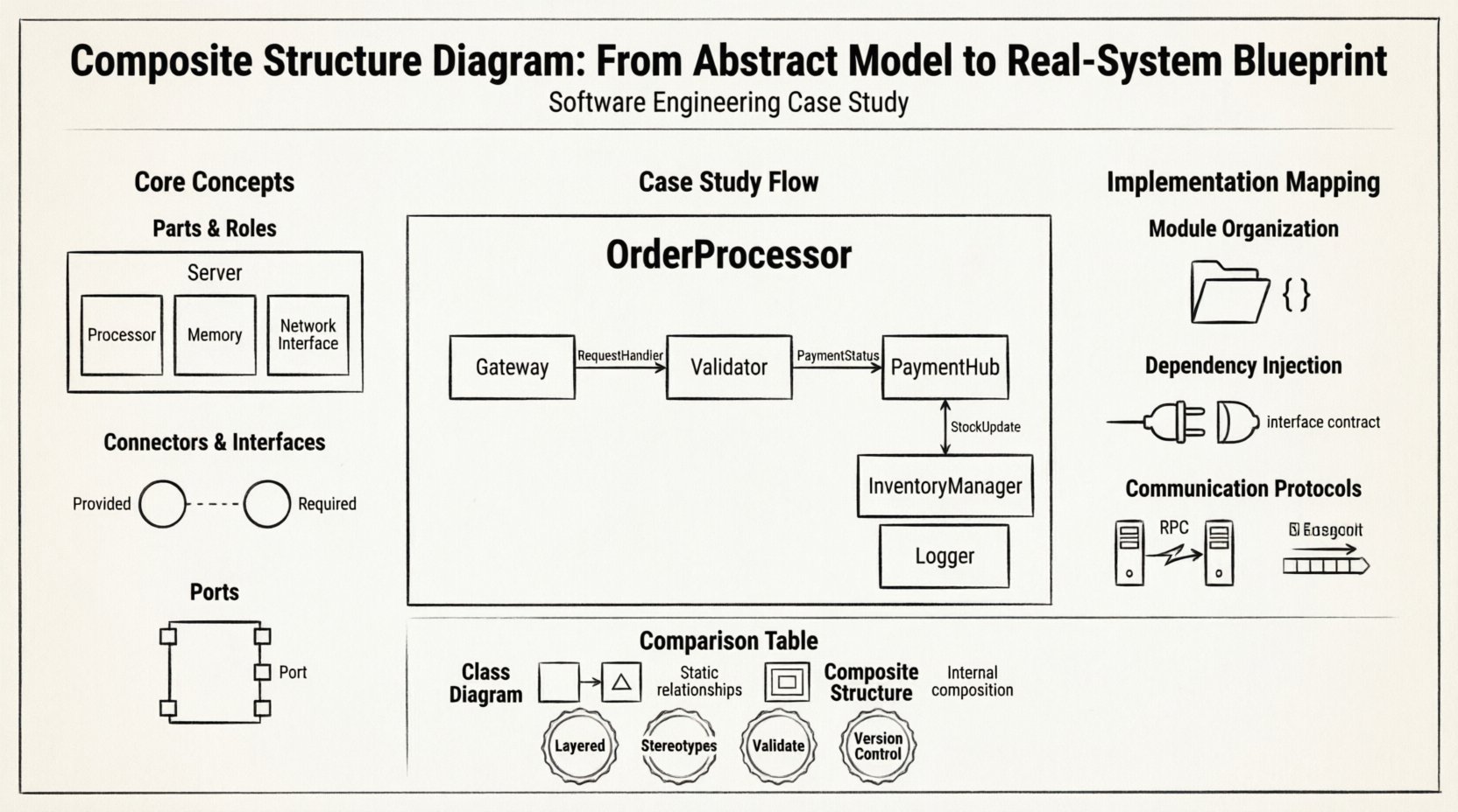 Line art infographic illustrating Composite Structure Diagram concepts for software engineering: shows core elements (parts, roles, ports, connectors, interfaces), a Distributed Order Processing System case study with Gateway→Validator→PaymentHub→InventoryManager→Logger flow, implementation mapping to code modules and dependency injection, comparison with Class Diagrams, and best practices for structural integrity in 16:9 blueprint style