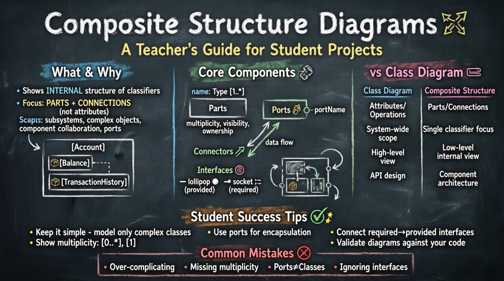 Chalkboard-style infographic explaining UML Composite Structure Diagrams for students: hand-drawn visual guide covering parts, ports, connectors, interfaces, comparison with Class Diagrams, FAQ answers, and academic tips for undergraduate software engineering projects