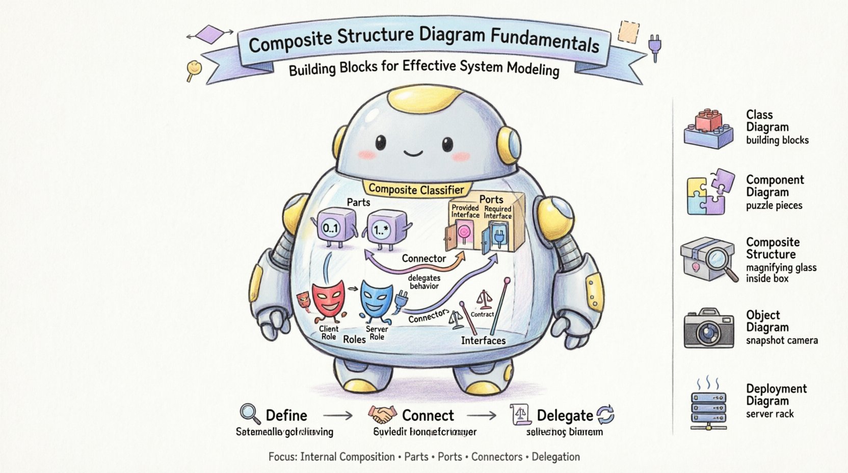 Chibi-style educational infographic illustrating UML Composite Structure Diagram fundamentals: cute robot classifier containing chibi parts with multiplicity badges, door-shaped ports with lollipop/socket interface symbols, colorful connector arrows showing delegation flow, masked role characters demonstrating context switching, and antenna interface icons; includes simplified comparison with Class/Component/Object/Deployment diagrams and 3-step workflow 'Define → Connect → Delegate' for modeling internal system composition and collaboration