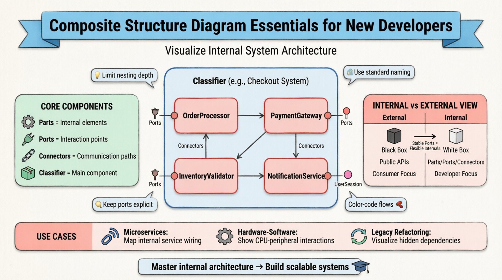 Educational infographic explaining UML Composite Structure Diagrams for new developers: features a central classifier box showing internal parts (OrderProcessor, PaymentGateway, InventoryValidator, NotificationService) connected via ports and connectors, with pastel-colored flat design icons illustrating core components (parts, ports, connectors, classifier), a comparison of internal white-box vs external black-box views, practical use cases for microservices and hardware-software design, and quick modeling tips—all presented in a clean, rounded, student-friendly layout with sky blue and coral pink accents on white background, 16:9 aspect ratio