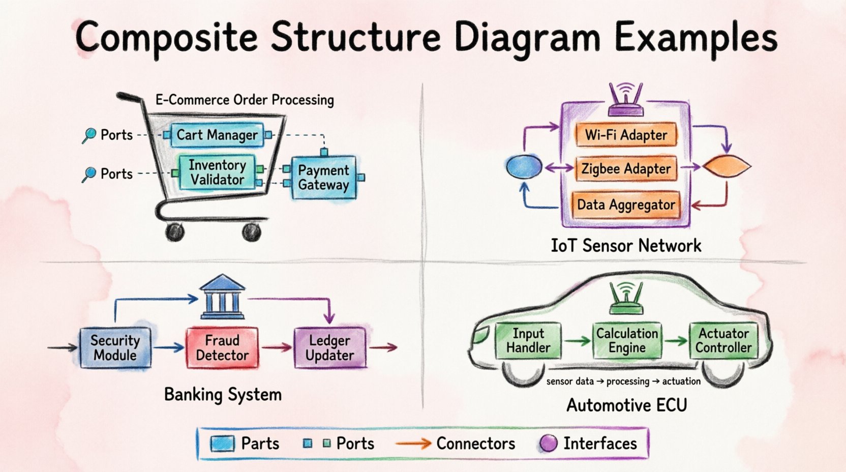 Marker-style educational infographic illustrating Composite Structure Diagram examples for systems analysis students, showing four real-world scenarios: e-commerce order processing, IoT sensor network, banking transaction system, and automotive ECU control, with visual explanations of parts, ports, connectors, and interfaces in UML notation