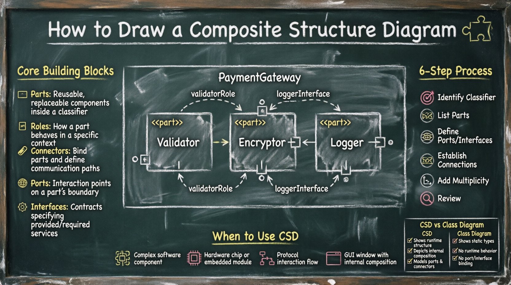 Chalkboard-style educational infographic showing how to draw a UML Composite Structure Diagram, featuring hand-drawn elements: core building blocks (Parts, Roles, Connectors, Ports, Interfaces), a 6-step creation process flow, visual example of a PaymentGateway composite with internal parts and port connections, usage scenarios, and comparison with Class Diagrams - all presented in teacher-like handwritten chalk aesthetic on dark chalkboard background