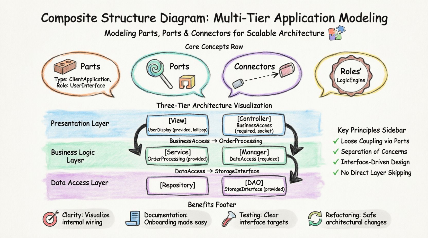 Marker illustration infographic of a Composite Structure Diagram for multi-tier application architecture, showing three layers (Presentation, Business Logic, Data Access) with labeled Parts, Ports using lollipop/socket notation, and Connectors illustrating data flow, plus key UML concepts and architectural benefits for software design