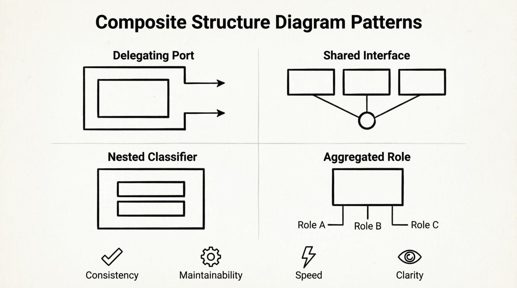 Line art infographic illustrating Composite Structure Diagram patterns for software architecture: shows four reusable design patterns (Delegating Port, Shared Interface Gateway, Nested Classifier Hierarchy, Aggregated Role Pattern), core UML components (Composite, Parts, Ports, Interfaces, Connectors, Roles), and key benefits of structural reuse including consistency, maintainability, speed, and clarity for accelerated system design