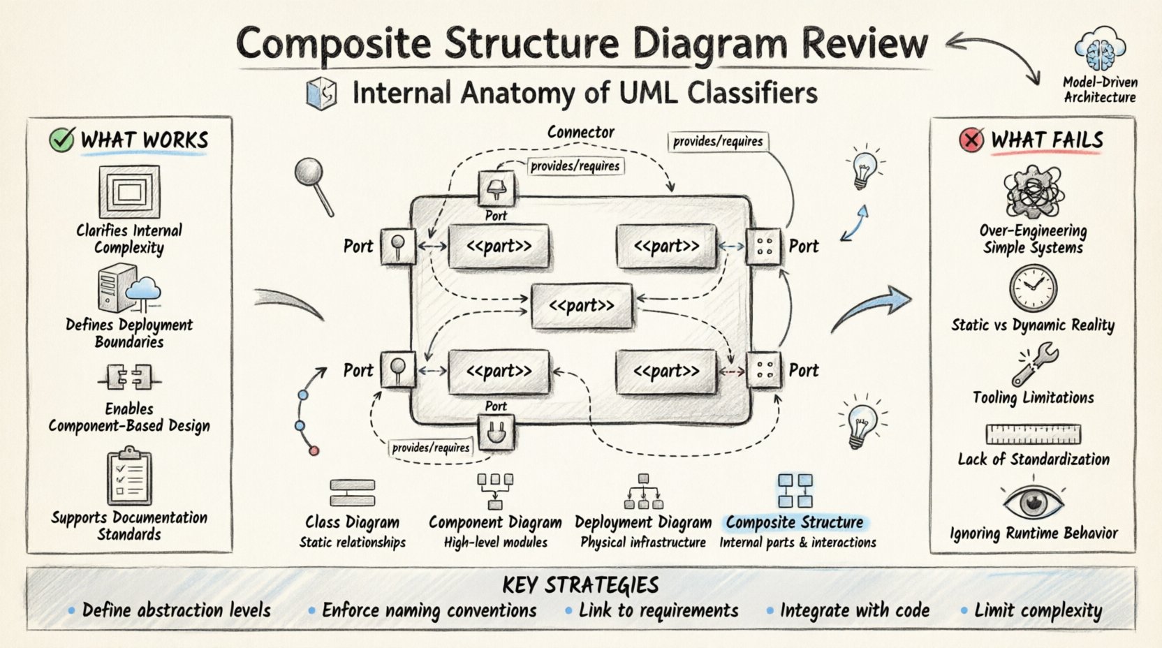 Sketch-style infographic reviewing UML Composite Structure Diagrams: illustrates core components (parts, ports, connectors, interfaces), compares pros like clarified complexity and component-based design against cons like over-engineering and tooling limitations, includes comparison with Class/Component/Deployment diagrams, and highlights implementation strategies and future trends in model-driven and cloud-native architecture