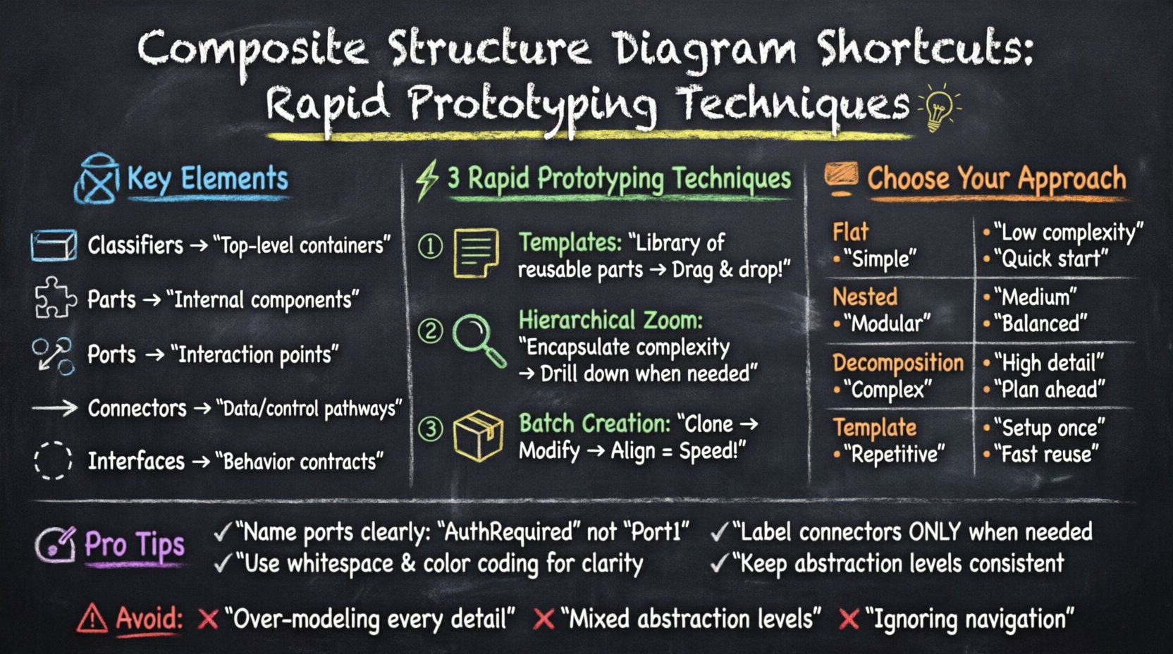 Chalkboard-style infographic titled 'Composite Structure Diagram Shortcuts: Rapid Prototyping Techniques' featuring hand-written teacher-style explanations of UML composite structure diagram elements (classifiers, parts, ports, connectors, interfaces), three workflow optimization techniques (templates, hierarchical zooming, batch creation), a comparison table of modeling approaches (flat, nested, decomposition, template-based), pro tips for interface management and visual clarity, and common pitfalls to avoid, all presented on a dark slate background with colorful chalk illustrations, icons, and clear visual hierarchy for easy learning