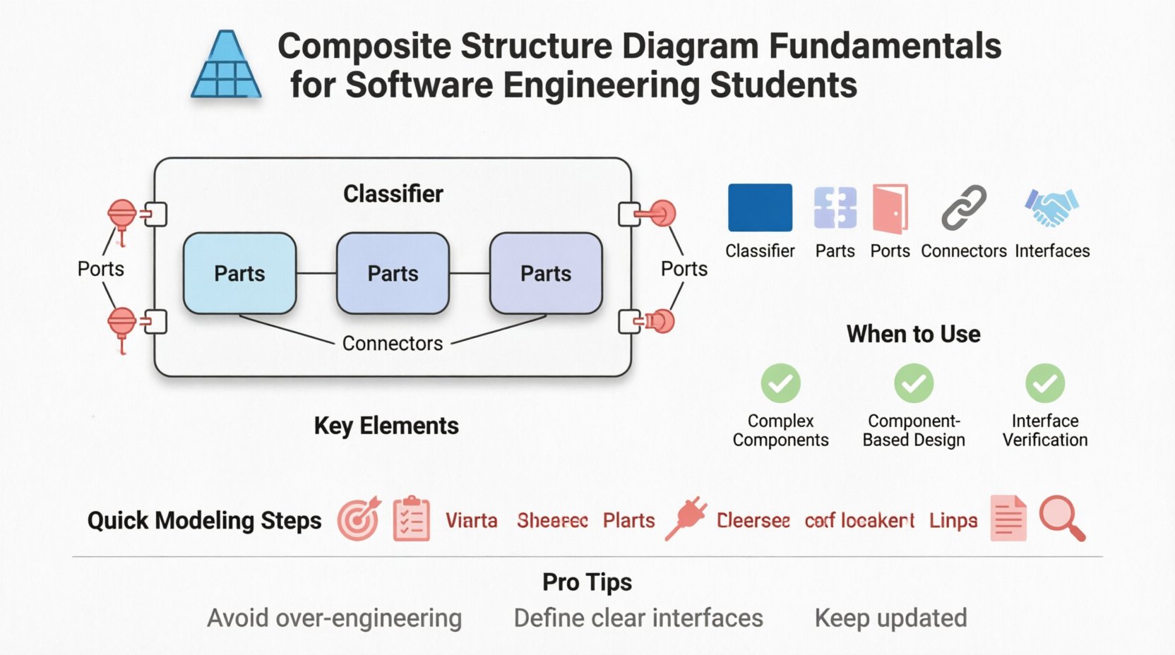 Composite Structure Diagram fundamentals infographic for software engineering students: visual guide showing UML classifier, parts, ports, connectors, and interfaces with flat design, pastel colors, and step-by-step modeling process for learning system architecture