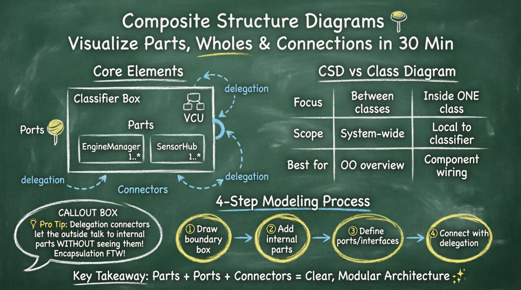 Chalkboard-style infographic explaining UML Composite Structure Diagrams: shows classifier box containing internal parts like EngineManager and SensorHub, ports with lollipop and socket interface symbols, delegation connectors linking external and internal ports, plus a simplified CSD vs Class Diagram comparison table and 4-step modeling process for visualizing software architecture