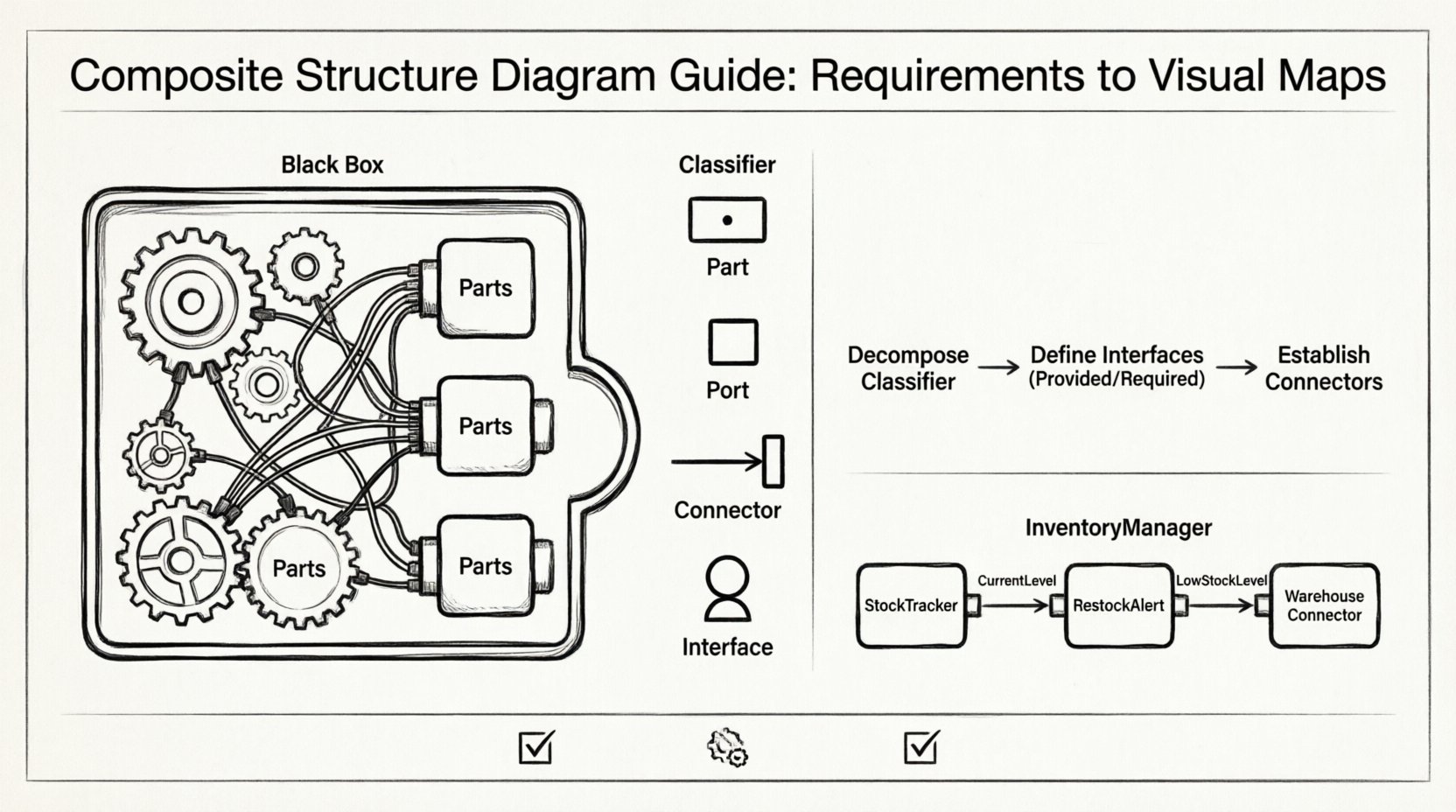 Composite Structure Diagram Guide infographic in line art style showing UML internal structure visualization: black box metaphor revealing parts, ports, connectors, and interfaces; 3-step workflow for translating requirements into visual component maps (decompose classifier, define interfaces, establish connectors); real-world InventoryManager example with StockTracker, RestockAlert, and WarehouseConnector parts connected via provided/required interfaces; best practices checklist for maintaining UML diagrams; clean monochrome technical illustration for software architects and developers