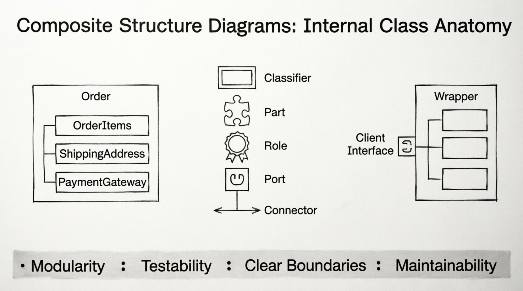 Line art infographic explaining UML Composite Structure Diagrams: visual breakdown of classifier, parts, roles, ports, and connectors with Facade pattern example and key benefits for software architecture design