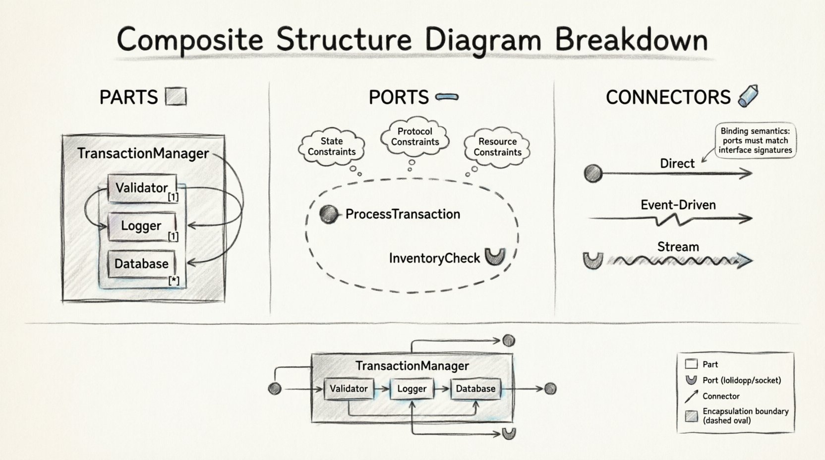 Hand-drawn sketch infographic explaining UML Composite Structure Diagrams: visual breakdown of Parts (internal components with multiplicity), Ports (provided lollipop and required socket interfaces), and Connectors (data flow bindings), featuring a financial TransactionManager example with Validator, Logger, and Database components, educational reference for software architects and developers