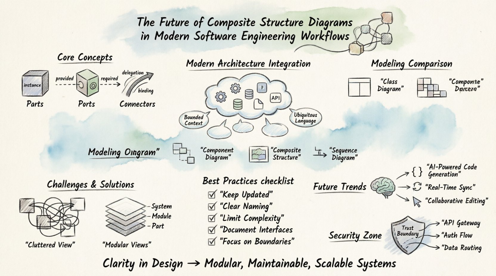 Hand-drawn infographic illustrating composite structure diagrams in modern software engineering, featuring core concepts (parts, ports, connectors), microservices integration, DDD alignment, modeling technique comparison, best practices, AI automation trends, and security considerations for scalable system design