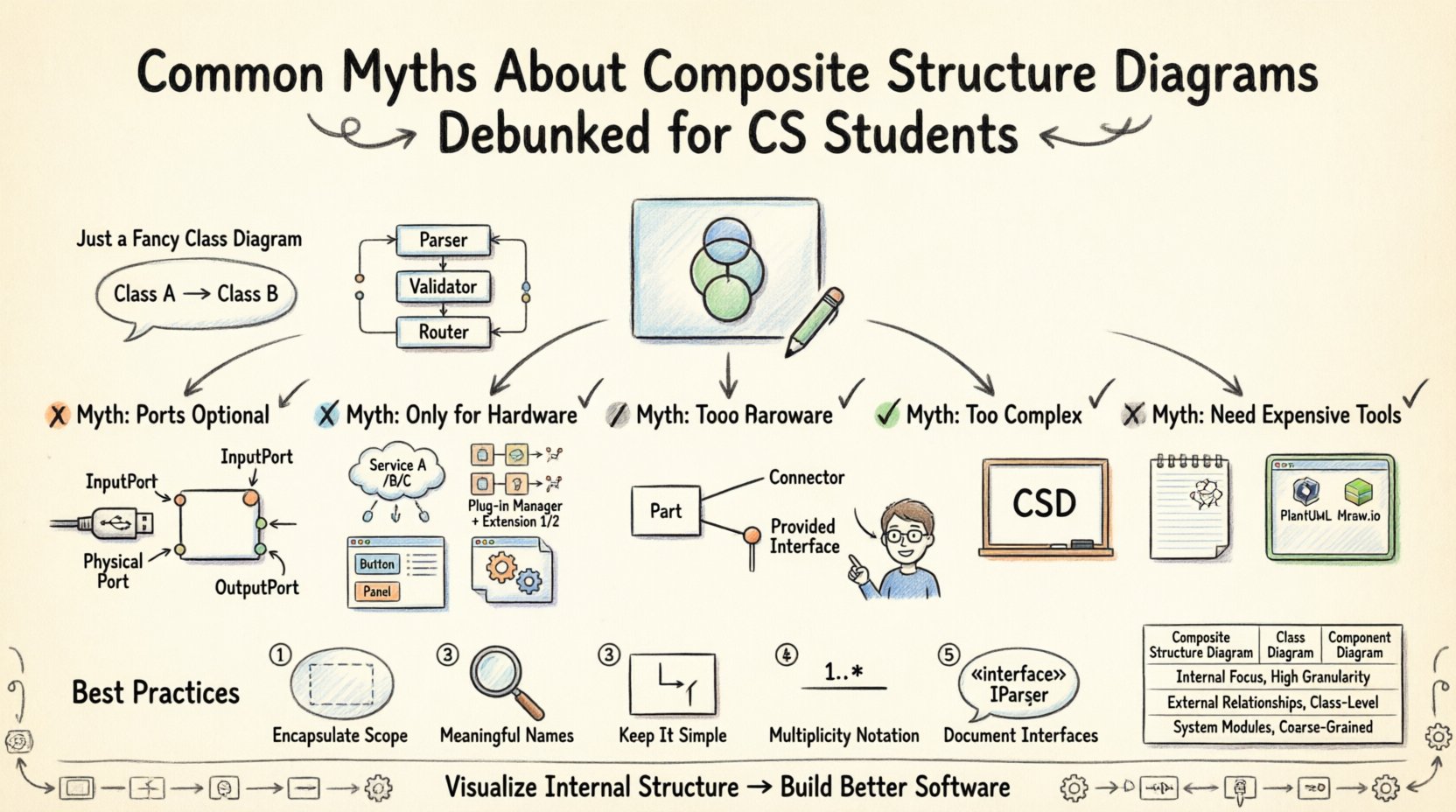 Hand-drawn infographic debunking 5 common myths about UML Composite Structure Diagrams for computer science students, featuring visual comparisons with Class and Component diagrams, explanations of ports and interfaces, best practices checklist, and real-world application examples in microservices, plugin systems, and GUI frameworks