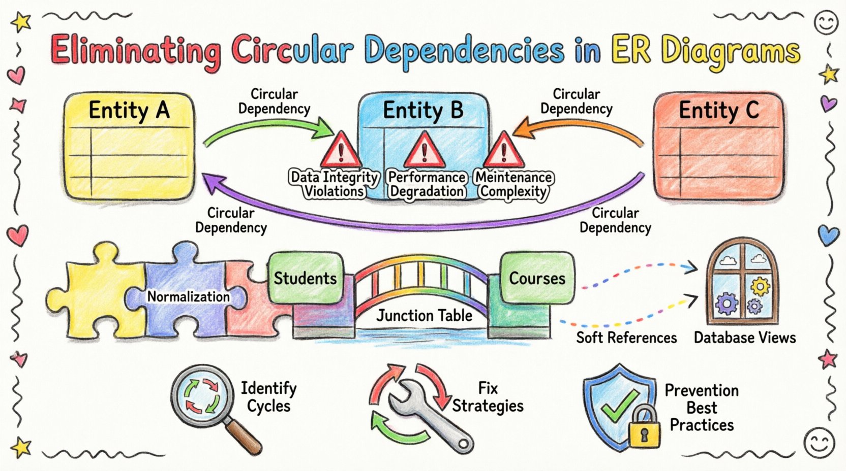 Child-style hand-drawn infographic explaining circular dependencies in database ER diagrams, showing colorful table boxes connected by looping arrows, warning signs for data integrity and performance issues, and playful solution illustrations including puzzle pieces for normalization, bridge-shaped junction tables, magical window views, and dotted-line soft references, with magnifying glass, wrench, and shield icons for identification, fixes, and prevention best practices