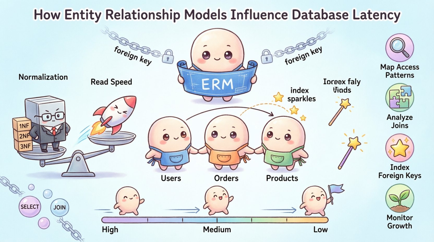 Chibi-style infographic explaining how entity relationship models influence database latency, featuring cute characters illustrating normalization trade-offs, join complexity, indexing strategies, foreign key constraints, and an optimization checklist for improving query performance