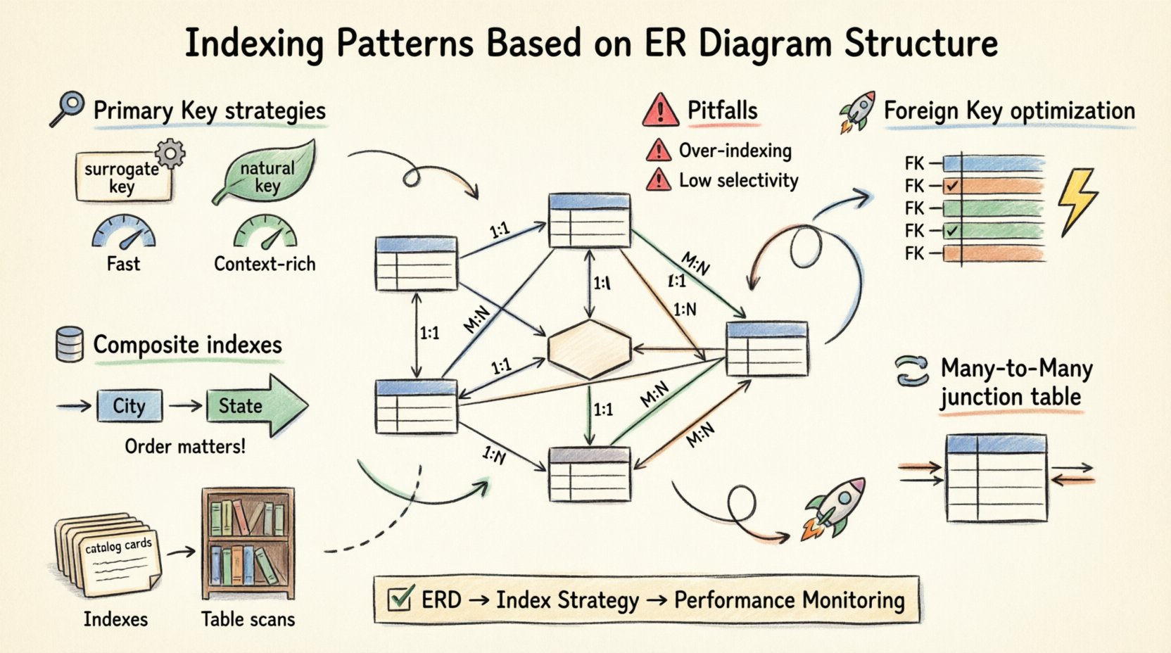 Hand-drawn infographic illustrating database indexing strategies based on ERD structure, featuring primary key optimization, foreign key indexing, many-to-many junction tables, composite and covering indexes, common pitfalls to avoid, and performance monitoring tips with visual flow from entity relationships to query performance gains