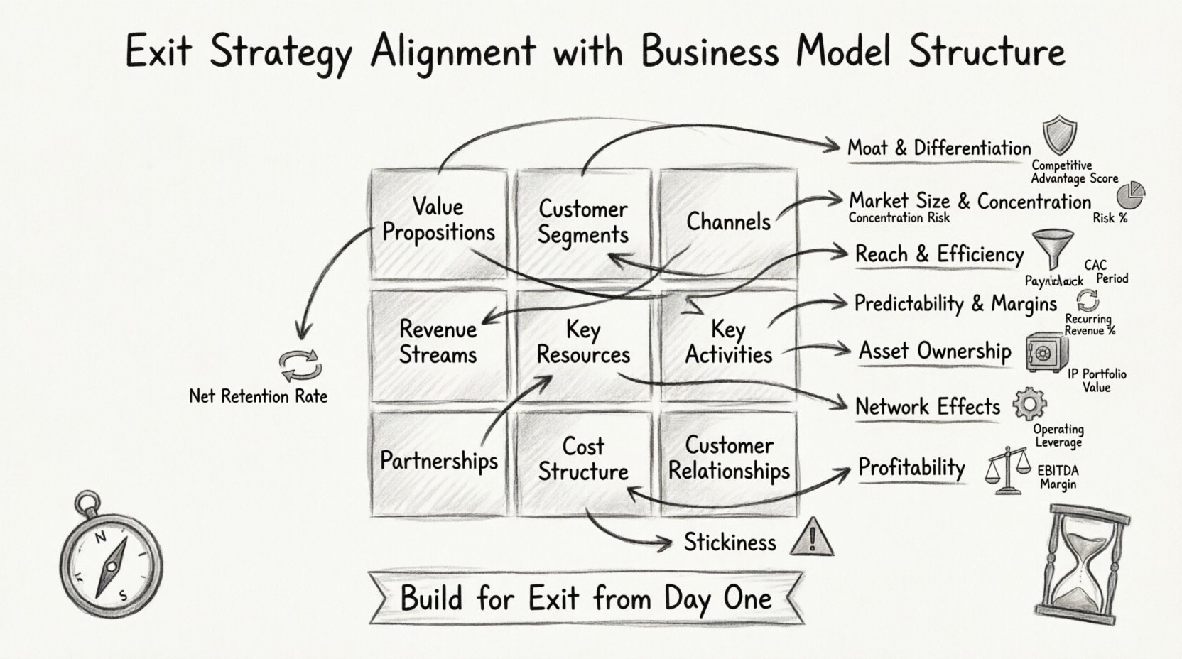 Sketch-style infographic illustrating exit strategy alignment with the nine-block Business Model Canvas, showing how value propositions, customer segments, revenue streams, key resources, activities, partnerships, cost structure, channels, and customer relationships map to acquisition drivers and valuation metrics like recurring revenue percentage, EBITDA margin, concentration risk, and net retention rate for founders planning strategic exits