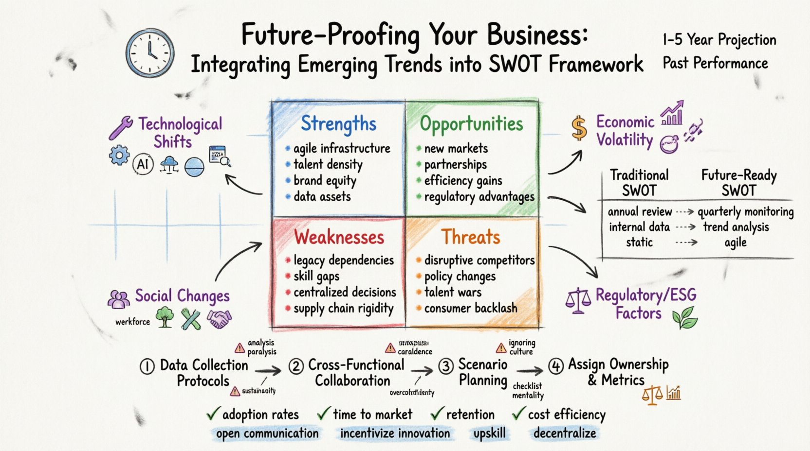 Hand-drawn whiteboard infographic showing how to integrate emerging technological, economic, social, and regulatory trends into a dynamic SWOT framework for business future-proofing; features color-coded quadrants for strengths (blue), weaknesses (red), opportunities (green), and threats (orange), with trend categories, traditional vs future-ready comparison table, 4-step implementation flowchart, key KPIs, and adaptability culture tips—all in English with marker-style visuals on 16:9 layout