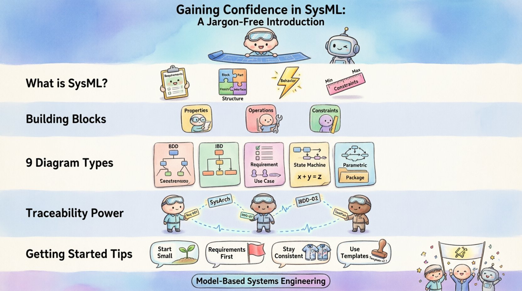 Chibi-style infographic summarizing SysML basics: what Systems Modeling Language is, core building blocks (blocks, relationships, requirements), all 9 diagram types with icons (BDD, IBD, Requirement, Use Case, Sequence, State Machine, Activity, Parametric, Package), traceability benefits for engineering workflows, and practical getting-started tips for model-based systems engineering