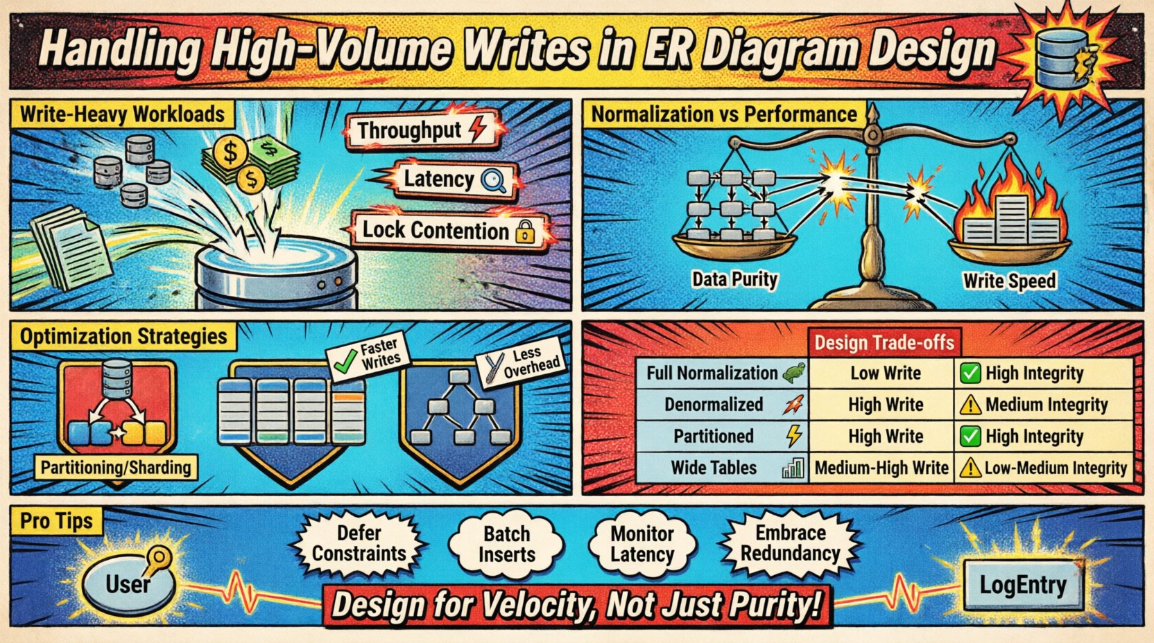 Comic book style infographic summarizing database design strategies for high-volume write workloads: visualizing write-heavy scenarios, normalization vs performance trade-offs, partitioning/sharding tactics, denormalization benefits, smart indexing approaches, foreign key handling, and key optimization tips for scalable ER diagram architecture