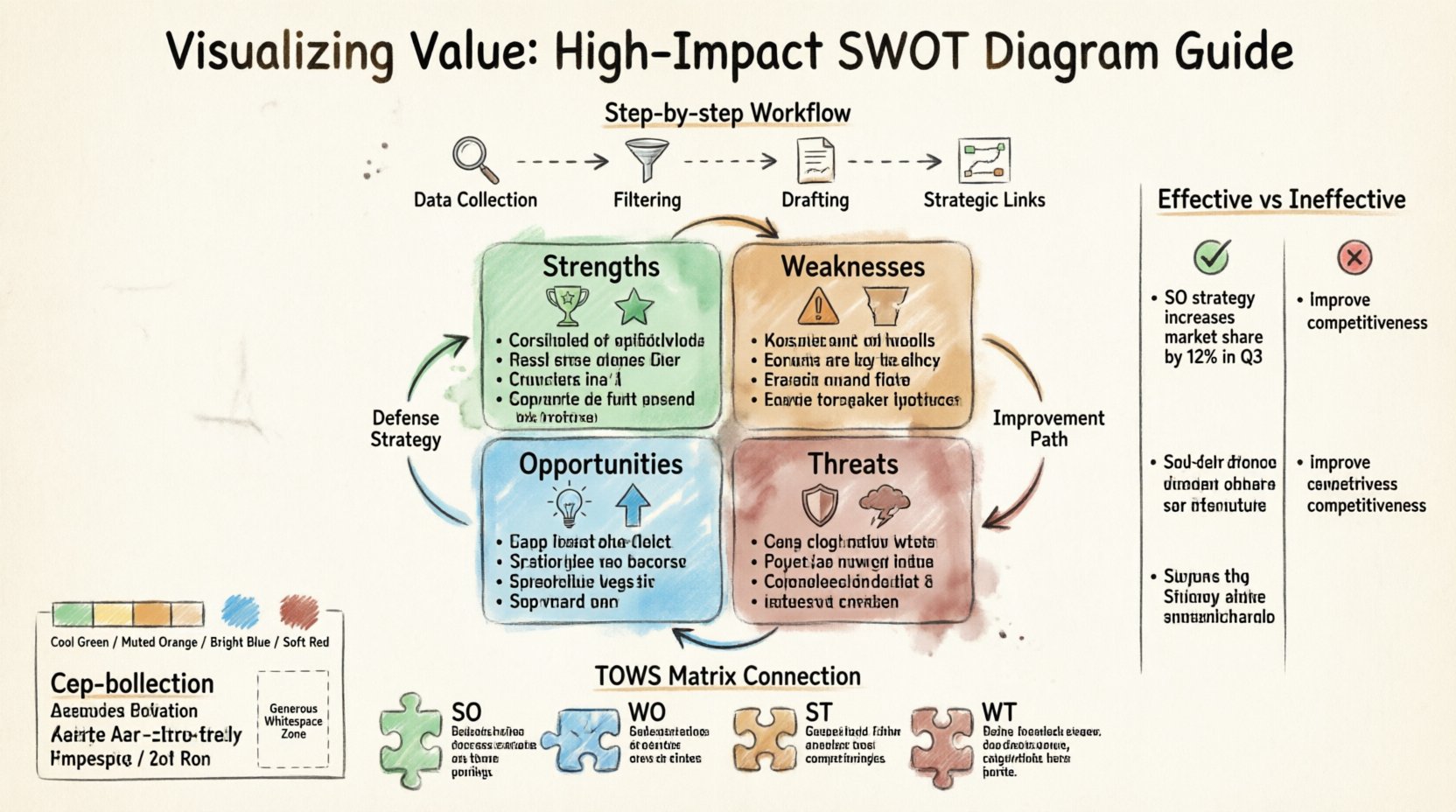 Marker-style infographic guide showing how to create a high-impact SWOT analysis diagram with color-coded quadrants for Strengths (green), Weaknesses (orange), Opportunities (blue), and Threats (red), featuring design principles like visual hierarchy and whitespace, strategic connection arrows, effective vs ineffective examples, and TOWS matrix integration for actionable stakeholder presentations
