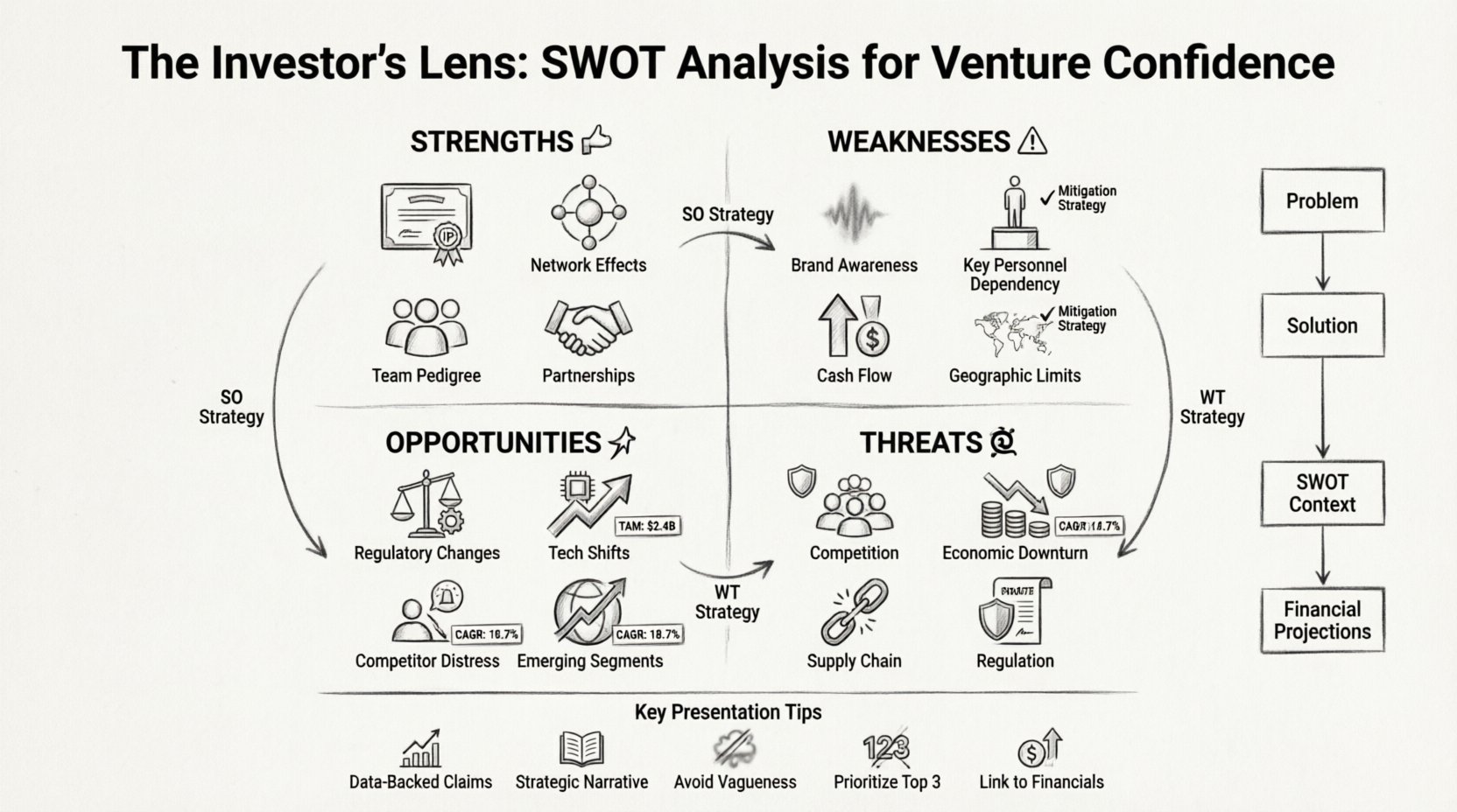 Line art infographic showing how to present a SWOT analysis to investors: four quadrants (Strengths with defensible advantages like IP and network effects, Weaknesses with honest vulnerabilities and mitigation strategies, Opportunities with quantified market potential and TAM/CAGR data, Threats with external risks and defensive planning), plus SO/WT strategic connection arrows, key presentation tips (data-backed claims, avoid vagueness, prioritize top 3), and pitch deck placement flowchart from Problem to Solution to SWOT Context to Financial Projections