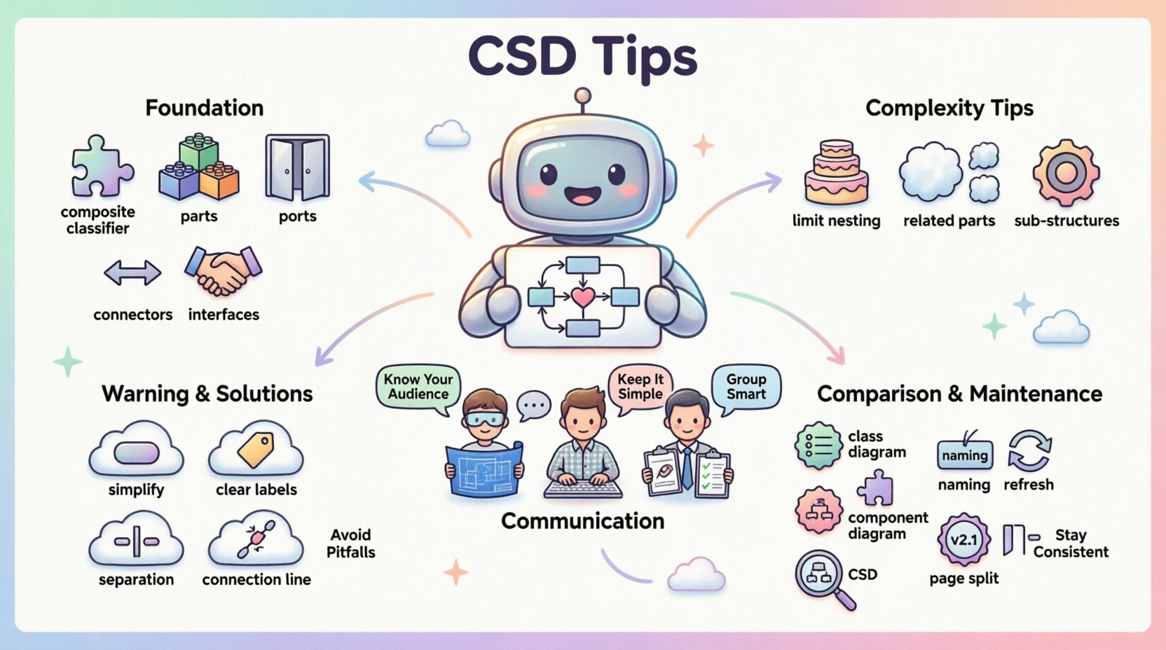 Cute kawaii-style infographic explaining Composite Structure Diagram best practices with pastel-colored sections covering foundational elements (classifiers, parts, ports, connectors, interfaces), complexity management tips (limit nesting, group parts, use sub-structures), stakeholder communication strategies for architects/developers/managers, common modeling pitfalls to avoid, diagram type comparisons, and maintenance guidelines for simplified system architecture visualization