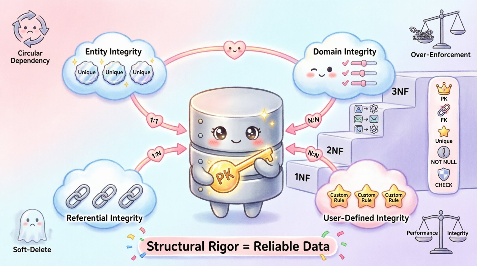 Kawaii-style infographic summarizing data integrity through ERD constraints: features cute database characters, four integrity layers (Entity, Domain, Referential, User-Defined), core constraint types (Primary Key, Foreign Key, Unique, Not Null, Check), relationship cardinality examples (One-to-One, One-to-Many, Many-to-Many), normalization steps (1NF, 2NF, 3NF), and implementation tips, all in pastel colors with friendly icons for educational web content about database design best practices