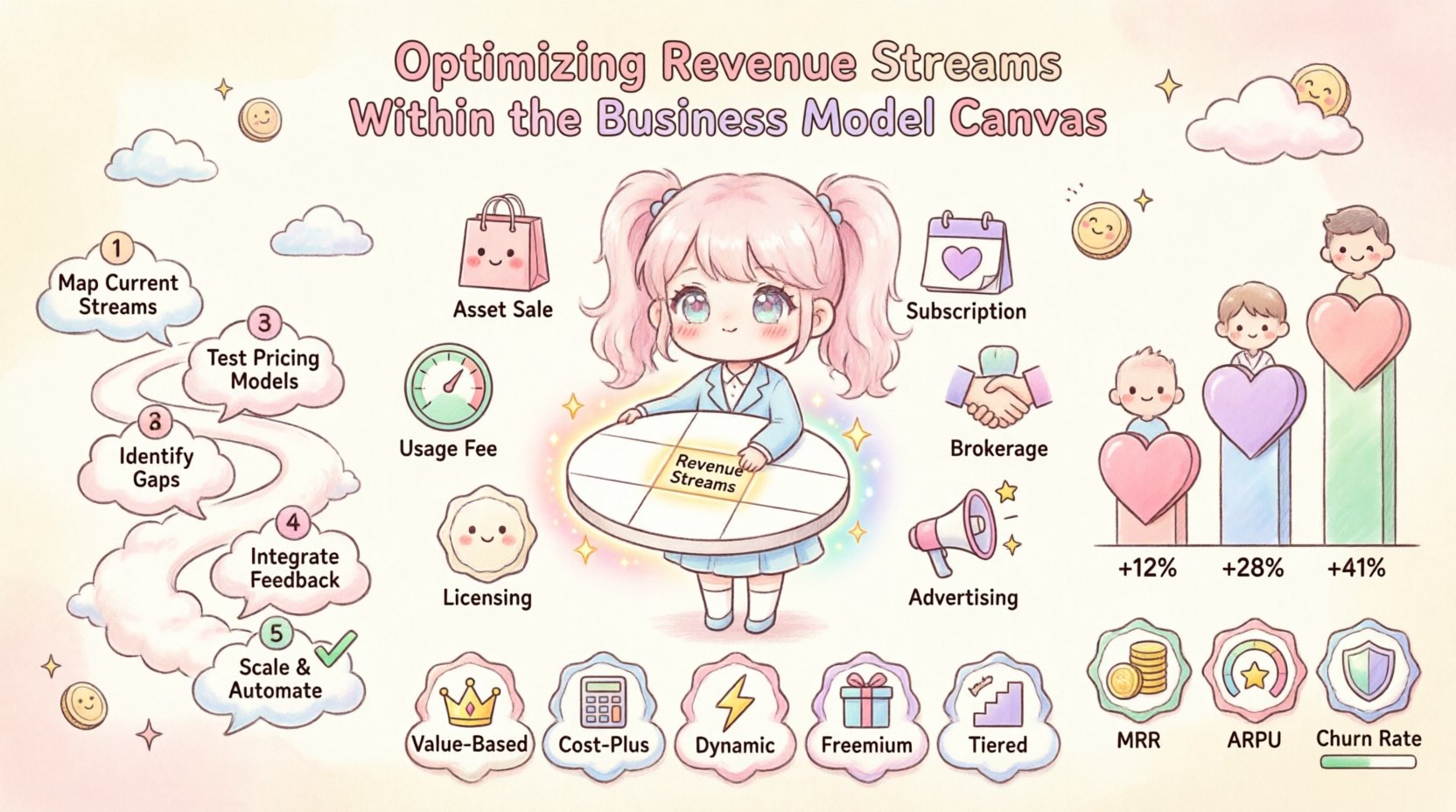 Kawaii-style infographic illustrating how to optimize revenue streams within the Business Model Canvas, featuring cute characters and icons representing six revenue types (asset sale, usage fee, subscription, licensing, brokerage, advertising), pricing strategies (value-based, cost-plus, dynamic, freemium, tiered), customer lifetime value optimization techniques, key performance indicators (MRR, ARPU, churn rate, conversion rate), and a seven-step implementation process, all presented in soft pastel colors with playful visual hierarchy for easy business strategy comprehension