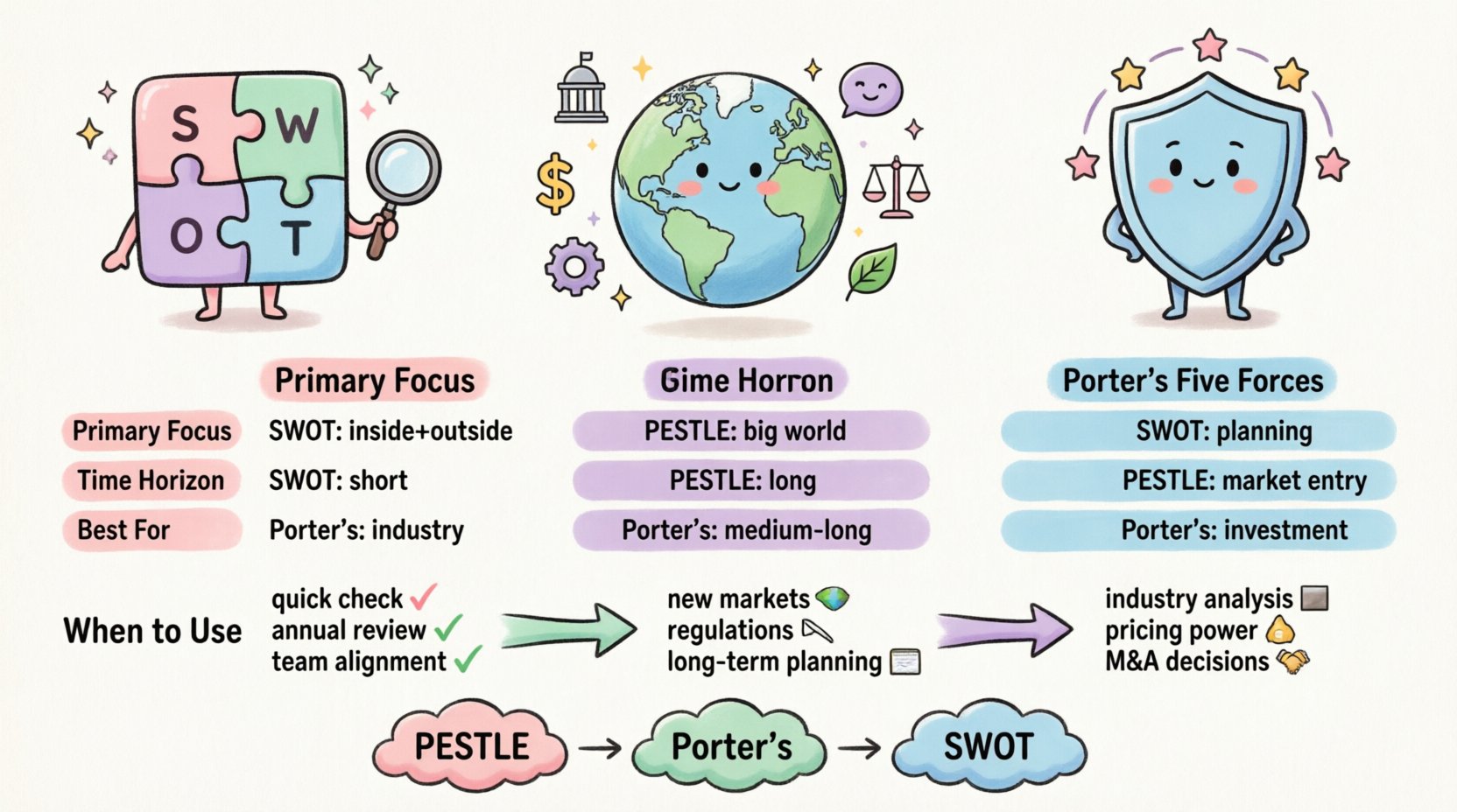 Adorable kawaii vector infographic comparing SWOT, PESTLE, and Porter's Five Forces strategic business frameworks in pastel colors, featuring cute mascot characters, simplified comparison table of focus areas and time horizons, when-to-use guidelines, and integration workflow for effective strategic planning and decision-making