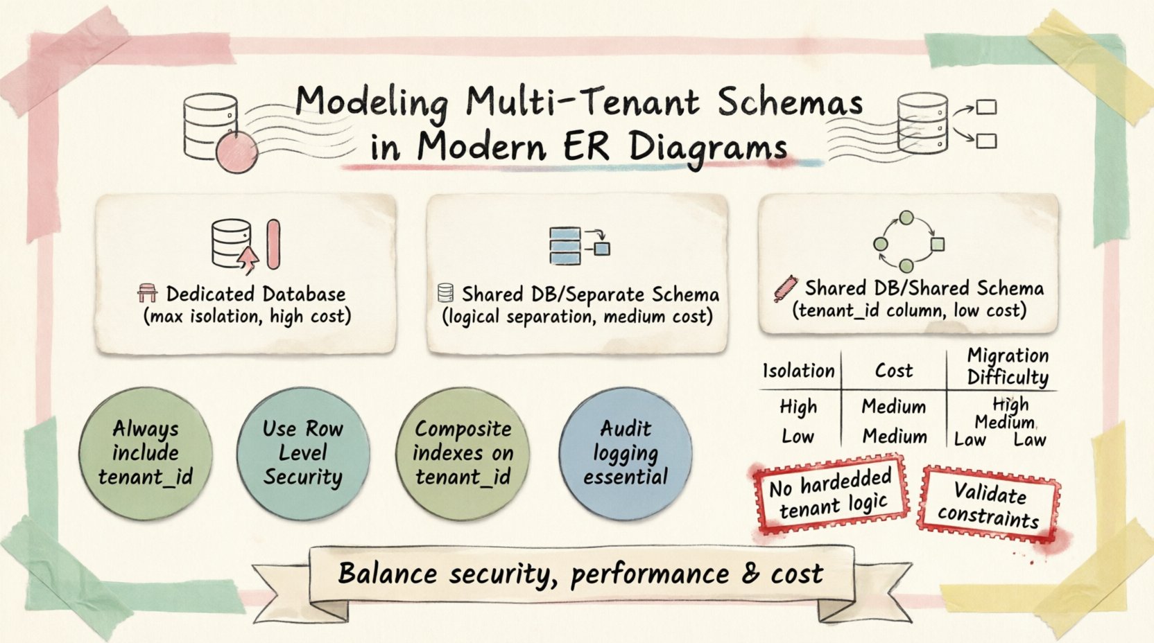 Infographic illustrating three multi-tenant database schema patterns for ER diagrams: dedicated database per tenant, shared database with separate schemas, and shared database with shared schema using tenant_id column, comparing isolation levels, costs, and maintenance complexity with stamp and washi tape design style
