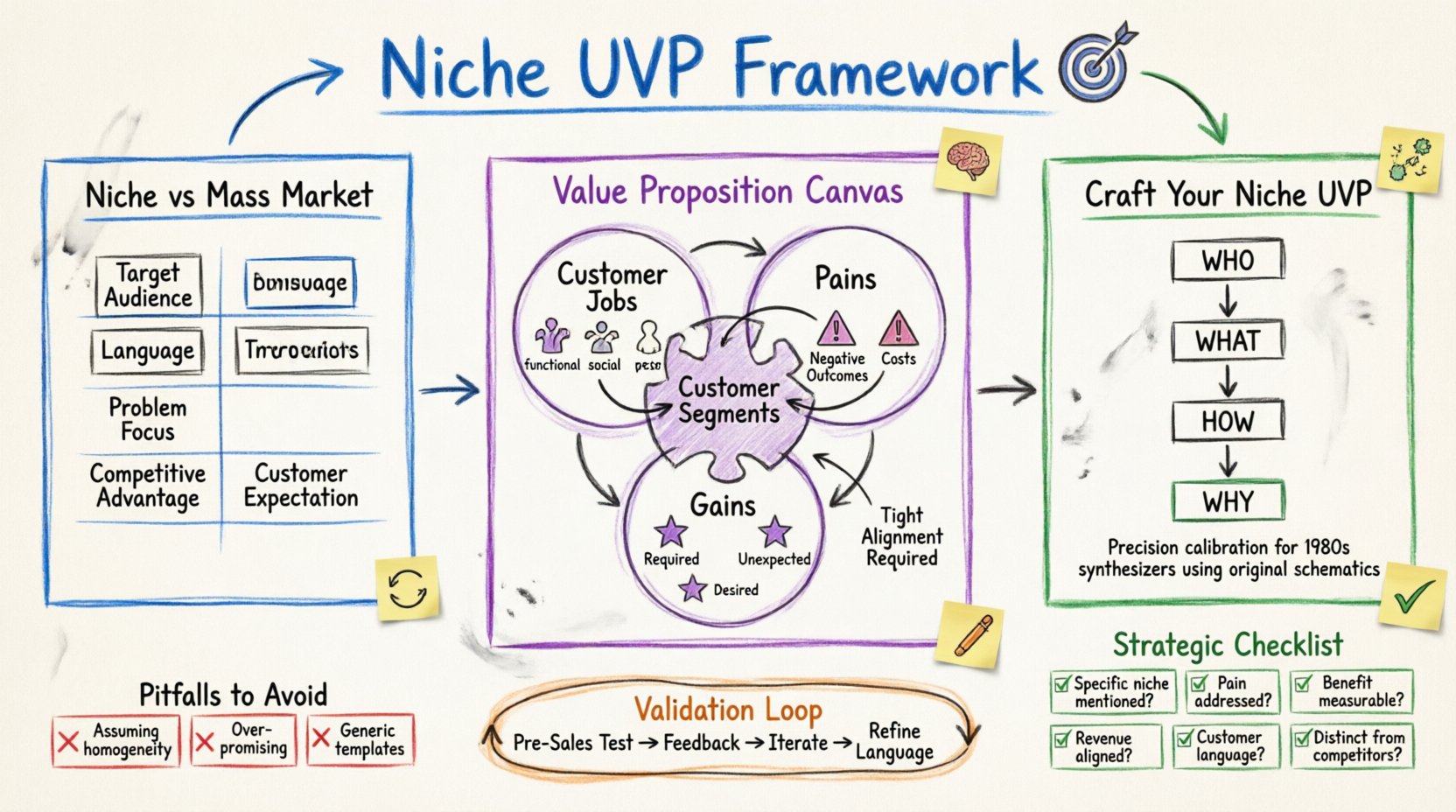Hand-drawn whiteboard infographic illustrating how to define Unique Value Propositions for highly niche markets using the Business Model Canvas and Value Proposition Canvas framework, featuring color-coded sections for niche mindset principles, customer jobs-pains-gains breakdown, UVP crafting formula (Who-What-How-Why), validation iteration loop, common pitfalls to avoid, and a 6-point strategic checklist, designed with authentic marker-style visuals for educational business strategy content
