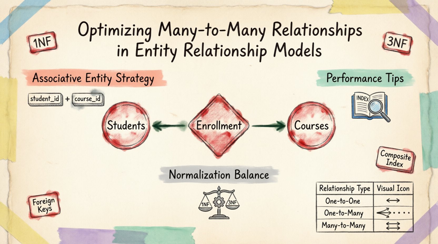 Infographic in stamp and washi tape style illustrating how to optimize many-to-many relationships in Entity Relationship Models, featuring junction table diagrams, normalization tips, indexing strategies, and best practices for database schema design with students-courses and employees-projects examples