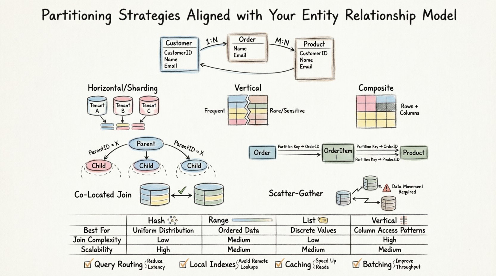 Hand-drawn infographic illustrating partitioning strategies aligned with Entity Relationship Models: shows ERD blueprint foundation, three partitioning types (horizontal sharding, vertical, composite), key alignment for parent-child and many-to-many relationships, co-located vs scatter-gather join operations, strategy comparison table (hash, range, list, vertical), and performance optimization tips for scalable database architecture