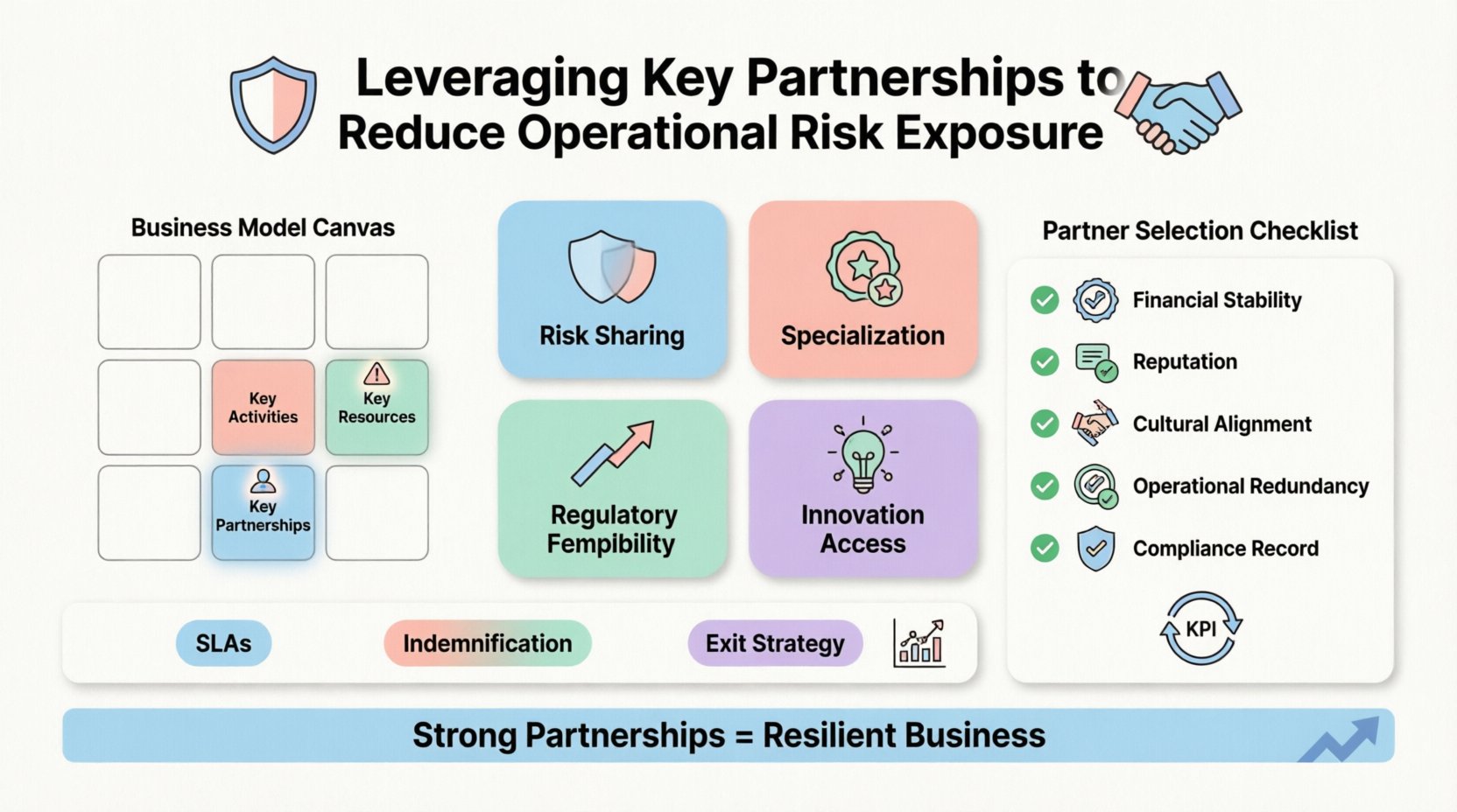 Infographic illustrating how strategic key partnerships reduce operational risk exposure in the Business Model Canvas. Features a clean flat design with pastel colors showing: risk zones in BMC (Key Activities, Resources, Partnerships), five partnership benefits (risk sharing, specialization, flexibility, compliance, innovation), partner selection criteria checklist, essential contract clauses, and monitoring cycle. Designed with rounded shapes, black outlines, and ample white space for student-friendly educational content on social media.
